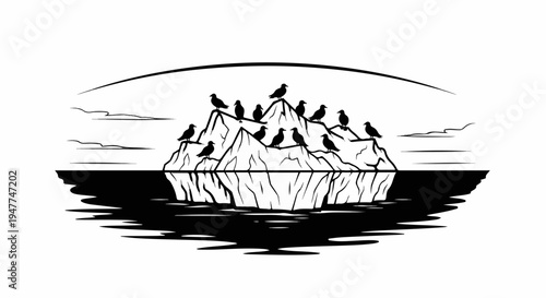 Silhouette of birds perched on an iceberg reflected in dark water