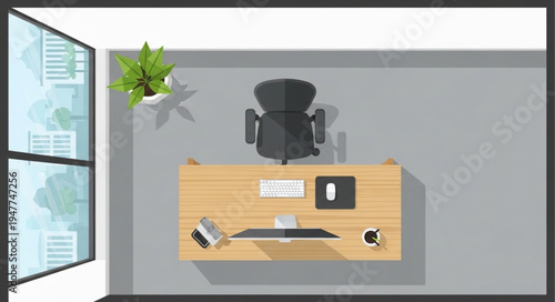 Overhead View of Modern Office Desk with Chair and Accessories.