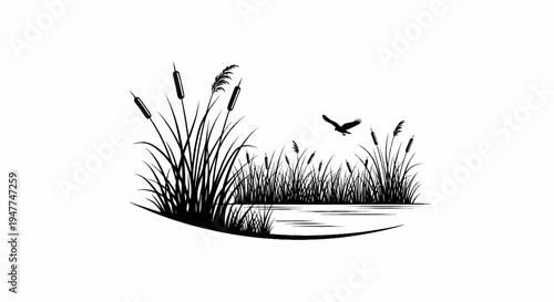 Silhouette of cattails and a bird over calm water