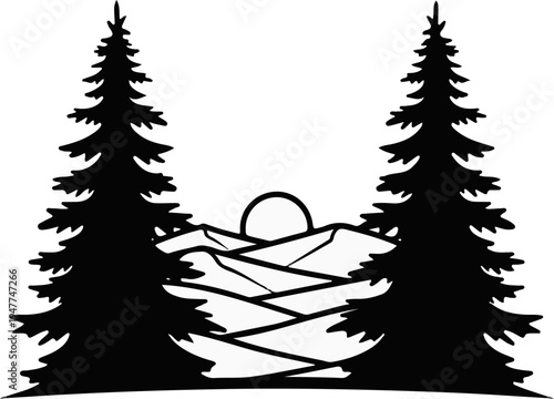 Silhouette of coniferous trees framing a sunrise over rolling hills