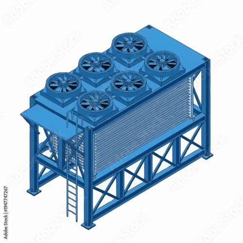Industrial air-cooled heat exchanger unit with multiple fans and a ladder for access, showcasing robust engineering and manufacturing.