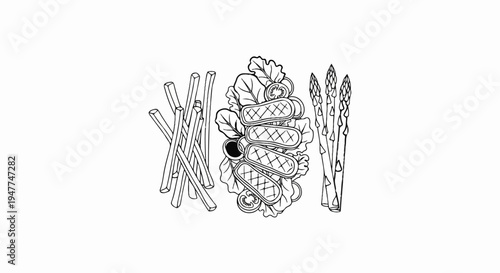 Sketch of grilled steaks, french fries, asparagus, and salad