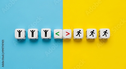 Dice with figures and symbols in bright split lighting for comparison and competition.