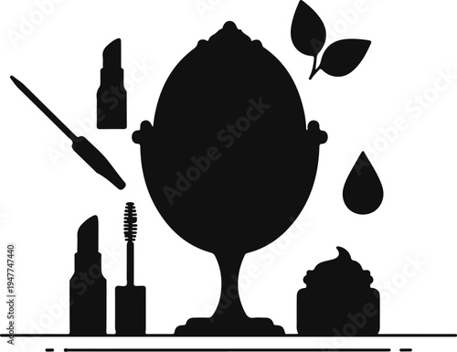 Silhouette of beauty products and a mirror, with natural elements
