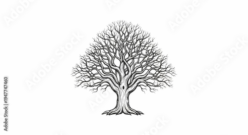 Stylized deciduous tree with intricate branches against a white background