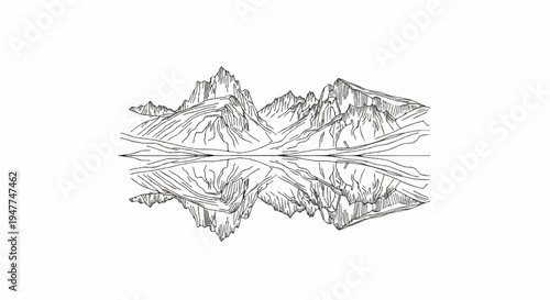 Sketch of majestic mountains reflected in a calm lake