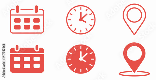 Time, Date, and Address Icon Set, Featuring Calendar, Clock, and Map Pin Symbols Perfect for Travel, Booking, Planning, Scheduling, and Editable Vector Design Projects.