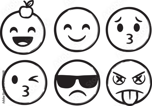 A charming collection of hand-drawn emoji icons showcasing a variety of human emotions and playful expressions, perfect for digital communication and creative graphic design projects