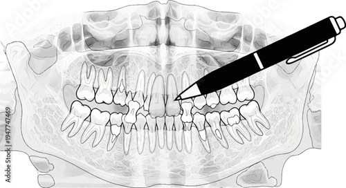 Stylized dental X-ray with pen pointing to a tooth