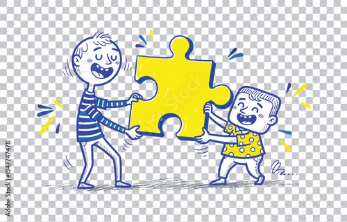 Funny cartoon illustration of a happy boy and children playing with animal character puzzle pieces in a vector art style featuring a cute baby and kid