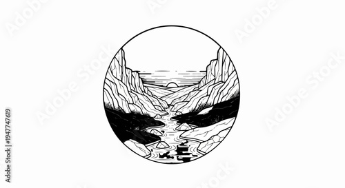 Stylized depiction of a sun setting over a river flowing through a rocky canyon
