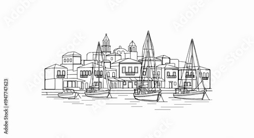 Sketch of sailboats docked in front of a quaint coastal town with buildings
