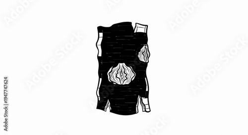 Stylized black and white illustration of a piece of textured bark with growths