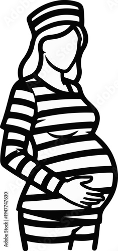 Stylized black and white illustration of a pregnant woman wearing a striped hat and clothing