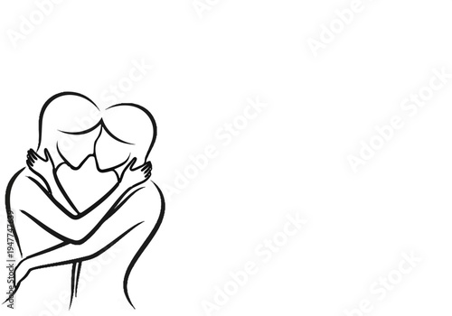 Sketch of two people embracing, with one person holding the other's face