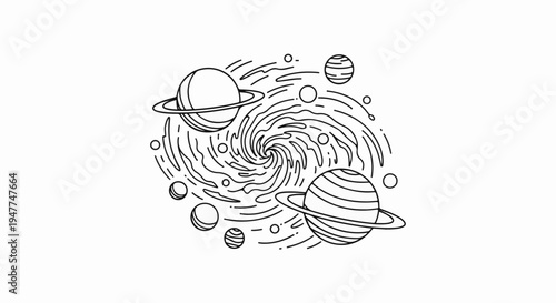 Stylized depiction of planets and a swirling cosmic vortex