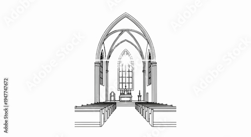 Sketch of church interior with pews, altar, and stained glass window