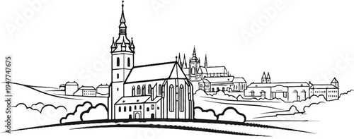 Stylized black and white sketch of a city skyline with prominent church spires