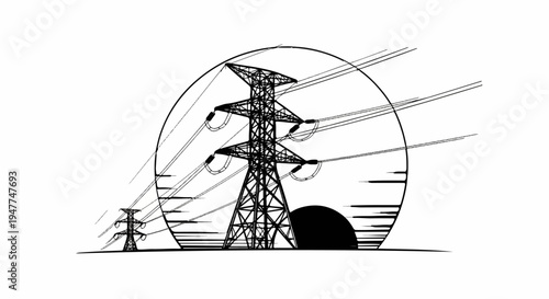 Stylized depiction of power transmission towers against a sunset backdrop
