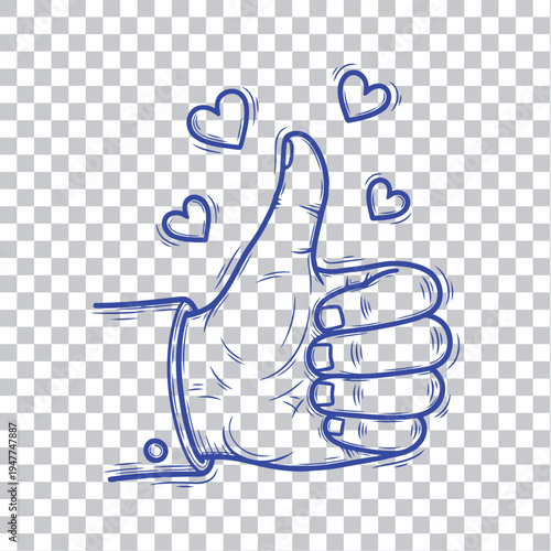 Blue vector illustration of a business thumb up like symbol featuring a paper card design with a hand ok sign and finger pointing up for web art