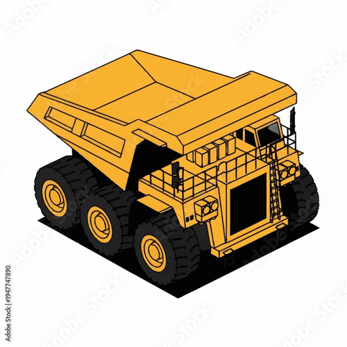 Isometric illustration of a large yellow mining dump truck with six wheels and a detailed cargo bed.