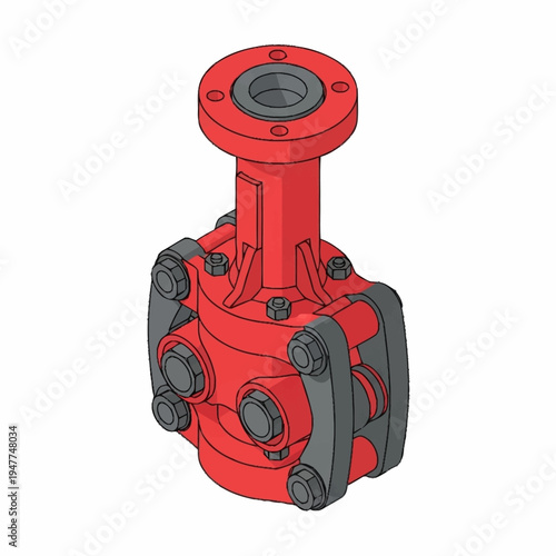 Red and gray industrial valve with bolted flanges and levers, isolated on a white background.