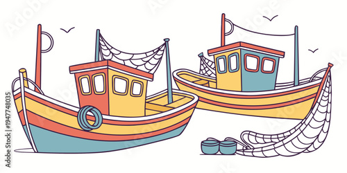 Two colorful fishing boats with nets on the water Vector
