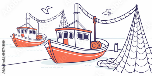 Two orange fishing boats with nets on the water Vector