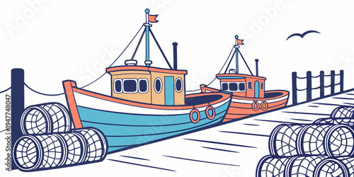 A fishing boat is docked at a pier with a pile of nets Vector