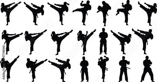 Karate kickboxing fighters silhouette collection set, martial arts high kick action poses, cad drawing flat vector illustration isolated on white background
