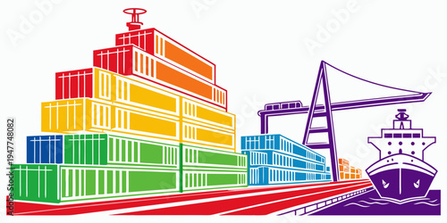 A colorful illustration of a port with shipping containers and a crane Vector