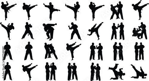 Karate fighters silhouettes set, martial arts combat action poses black vector collection isolated training illustration