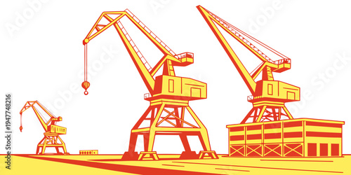Three industrial cranes on a construction site Vector