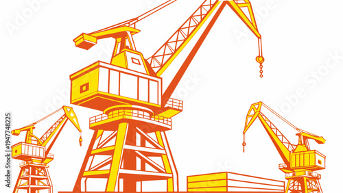 A group of large yellow cranes on a construction site Vector