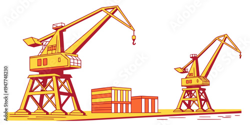 Two cranes and shipping containers on a dock Vector