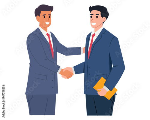 Two diverse businessmen, negotiating, shaking hands over deal and agreement vector illustration