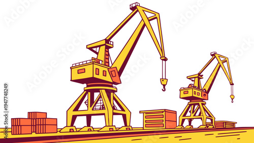 Two large yellow cranes on a construction site Vector
