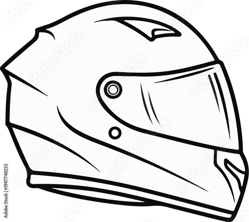 Sleek black and white line drawing of a modern protective headgear for racing