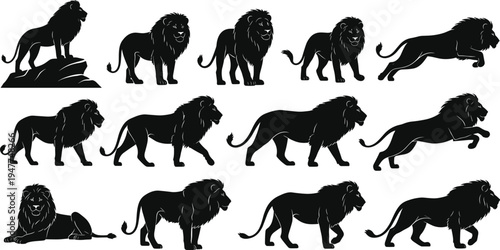 Lion silhouette collection set, wild African predator animal poses flat vector illustration isolated on white background