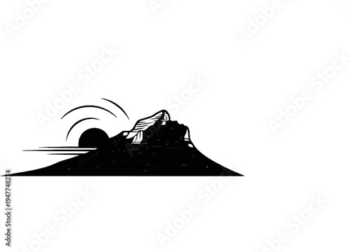 Stylized black and white illustration of a rugged mountain peak at sunrise