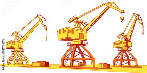 Three yellow cranes on a yellow surface Vector
