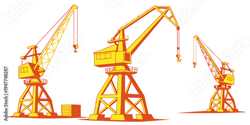 Three yellow construction cranes on a site Vector