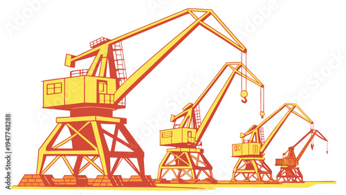 Three yellow construction cranes on a flat surface Vector