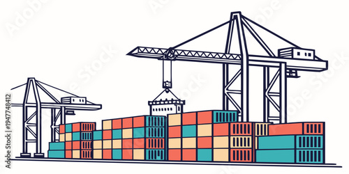 A stack of shipping containers with cranes overhead Vector