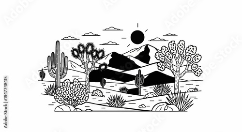 Stylized desert landscape with mountains, sun, clouds, and various cacti