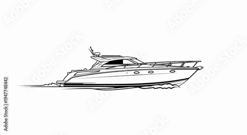 Sleek, modern motor yacht gliding through calm waters, outline drawing