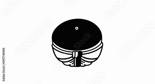 Stylized black and white illustration of a round object tied with a sash