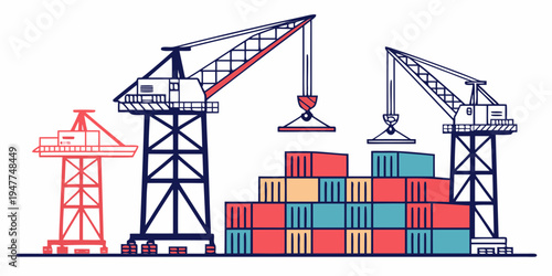 A stack of shipping containers with cranes Vector