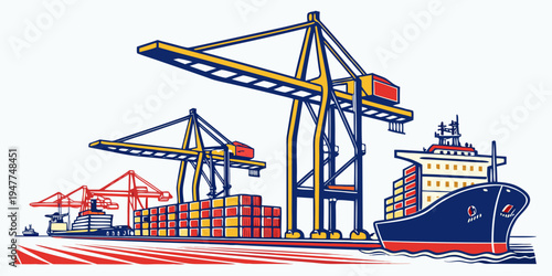 A cargo ship and cranes at a port facility Vector