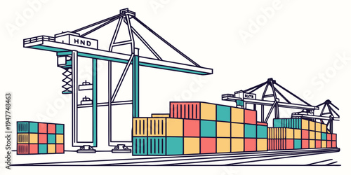 A cargo port with shipping containers and cranes Vector